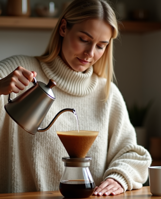 Femme versant de l'eau chaude sur un filtre à café dans une cuisine chaleureuse