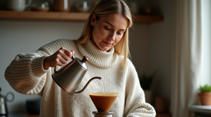 Femme versant de l'eau chaude sur un filtre à café dans une cuisine chaleureuse