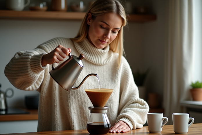 Femme versant de l'eau chaude sur un filtre à café dans une cuisine chaleureuse
