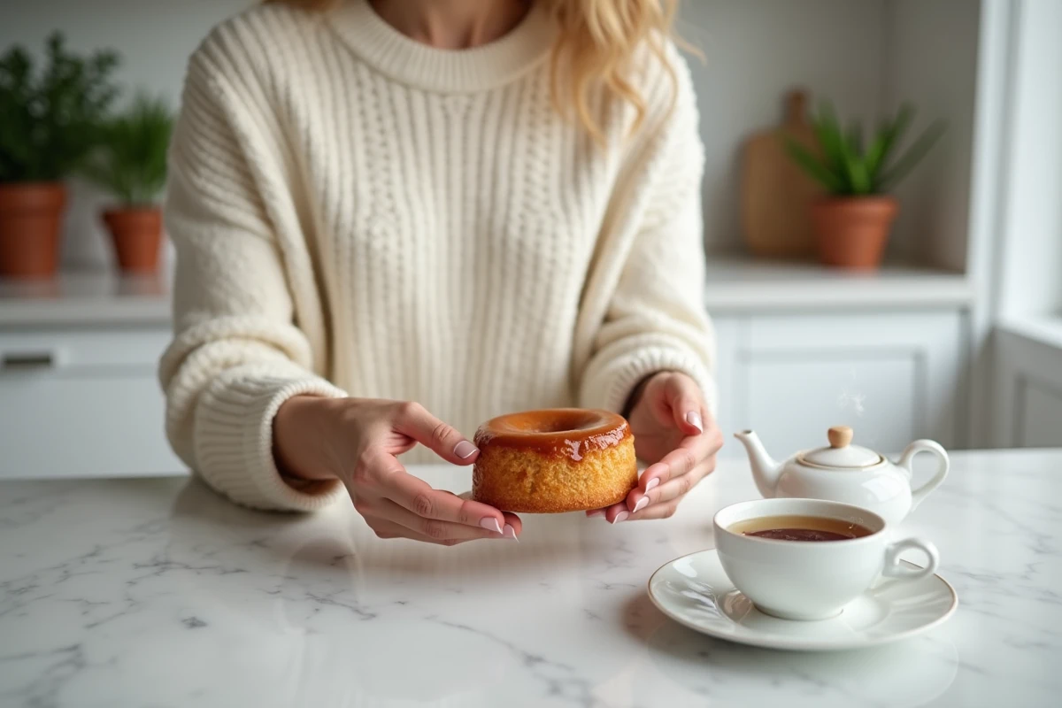 Femme tenant un canelé avec une théière et tasse de thé Earl Grey sur un comptoir en marbre dans une cuisine scandinave