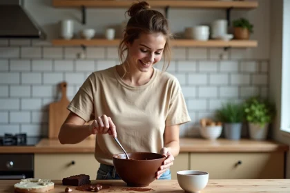 Jeune femme en cuisine pr&eacute;parant une cr&egrave;me chocolat&eacute;e