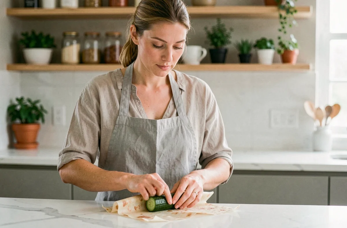 Femme emballant un concombre coupé avec du film beeswax pour une bonne conservation dans la cuisine