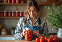 Femme en jeans et chemise à carreaux conservant des tomates