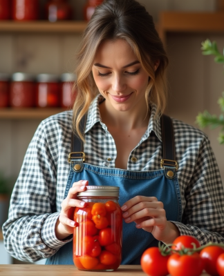 Femme en jeans et chemise à carreaux conservant des tomates
