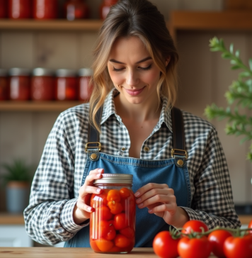 Prévenir le botulisme : conseils pour une mise en conserve sécuritaire des tomates Femme en jeans et chemise à carreaux conservant des tomates