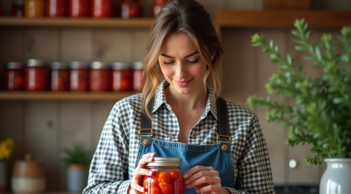 Femme en jeans et chemise à carreaux conservant des tomates