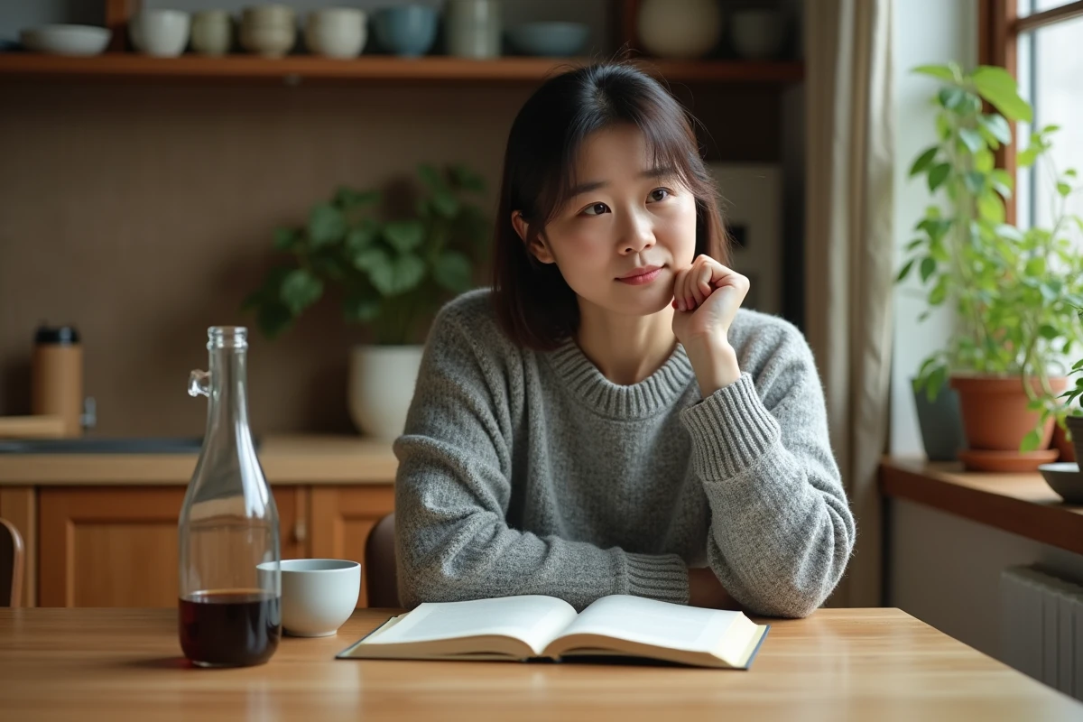 Femme asiatique assise avec livre et soju dans la cuisine