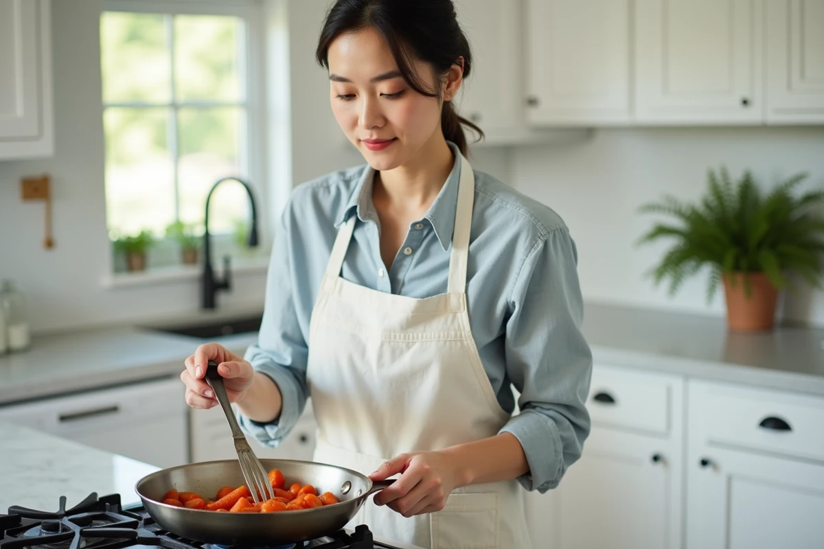 Femme cuisinant des carottes glacées dans une poêle sur une cuisinière dans une cuisine moderne lumineuse
