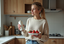 Crème fouettée en boîte : vraie crème ou imposture ? Femme en cuisine tenant chantilly et fraises