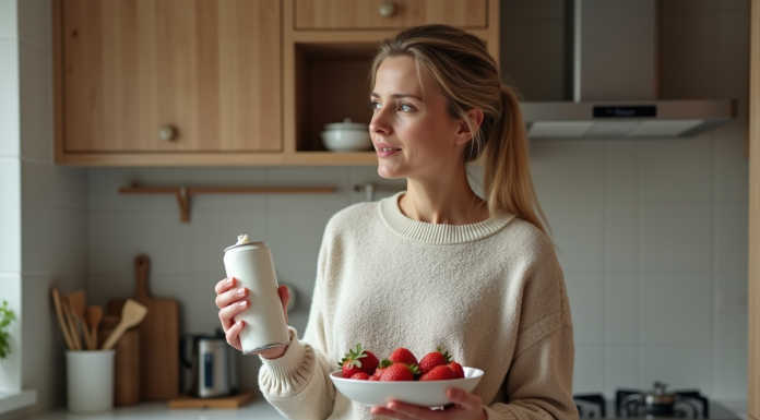 Femme en cuisine tenant chantilly et fraises
