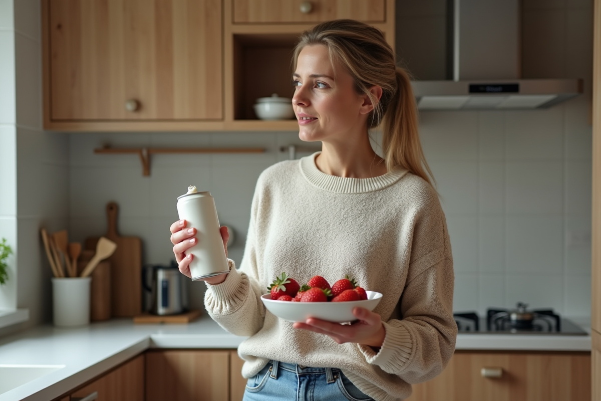 Femme en cuisine tenant chantilly et fraises