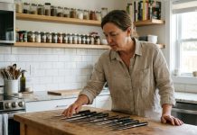 Les indispensables de votre cuisine : choisir le bon outil de coupe Femme examinant des couteaux de cuisine dans une cuisine moderne