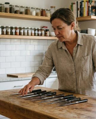Femme examinant des couteaux de cuisine dans une cuisine moderne