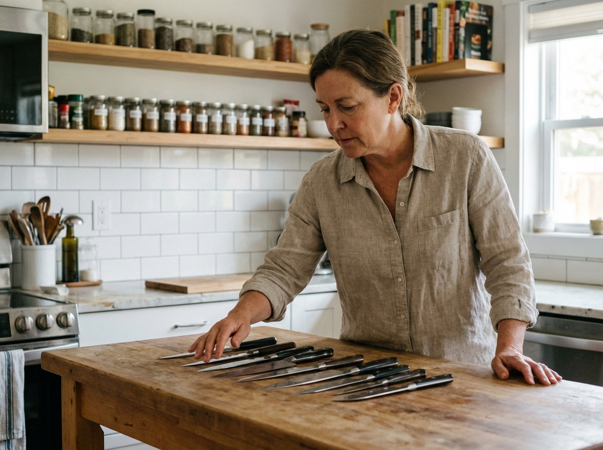 Femme examinant des couteaux de cuisine dans une cuisine moderne