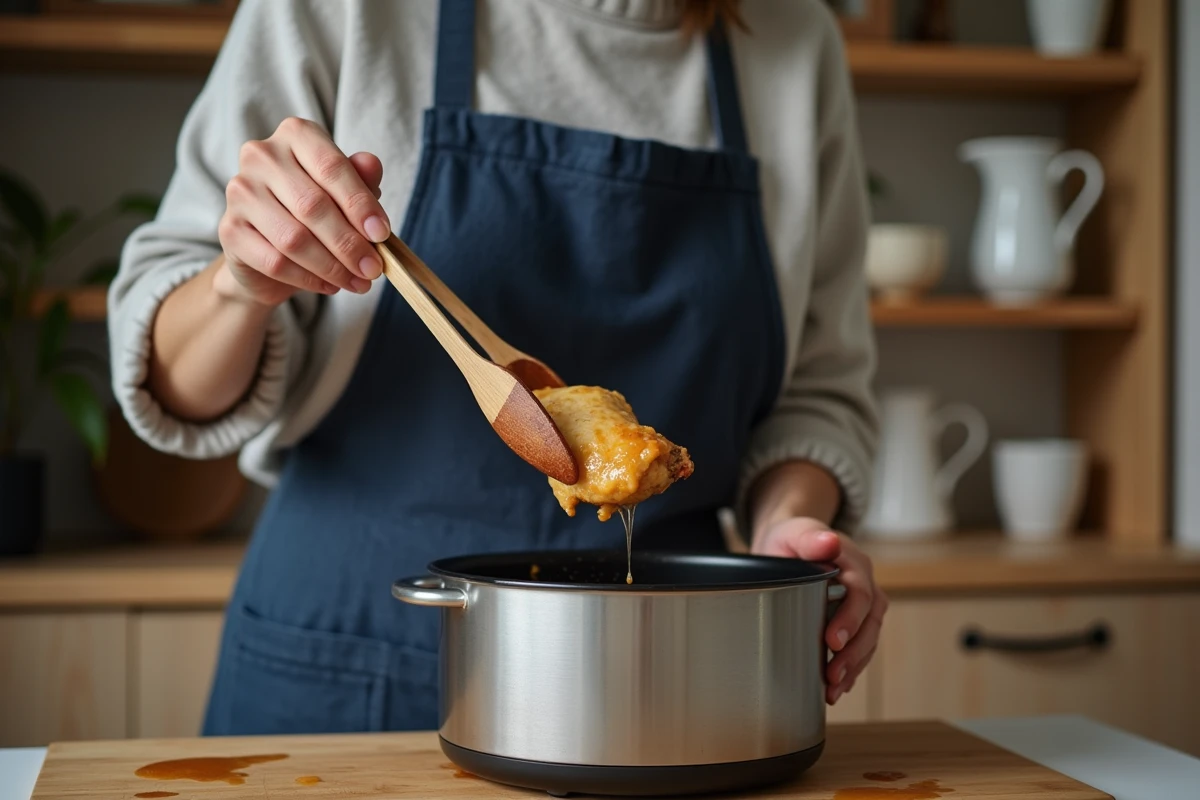 Femme cuisinant une cuisse de poulet dans un Cookeo à la maison avec une cuisine rustique en arrière-plan