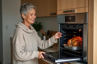 Femme d'âge moyen vérifiant le four numérique dans la cuisine