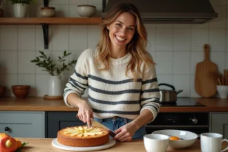 Femme souriante coupant un gateau maison dans la cuisine chaleureuse