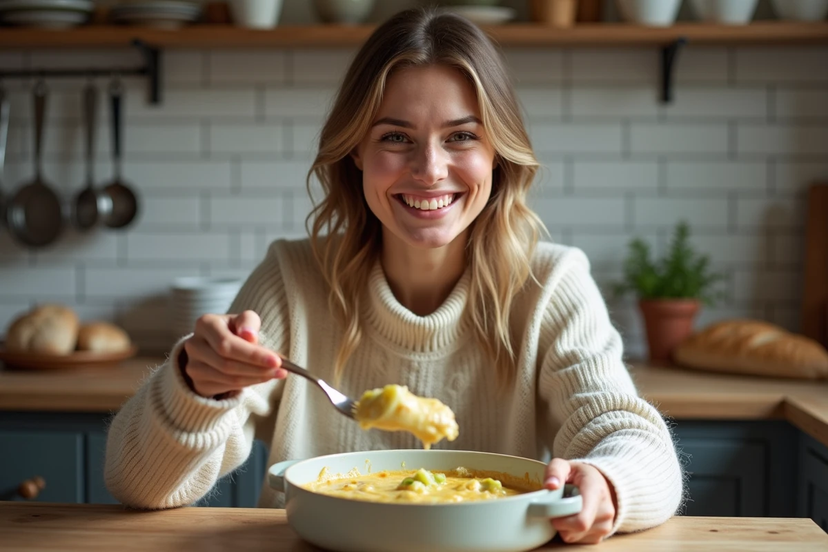 Femme souriante servant un gratin de poireaux dans la cuisine