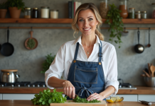 Tablier de cuisine : bienfaits, utilité et astuces pour le porter avec style ! Femme en tablier en denim dans la cuisine moderne