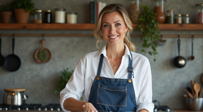 Femme en tablier en denim dans la cuisine moderne