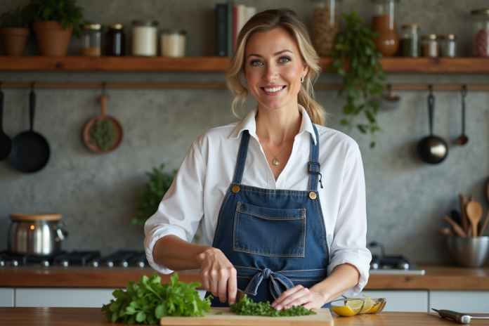 femme-cuisine-herbes Femme en tablier en denim dans la cuisine moderne