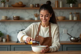 Femme souriante versant Irish cream dans un bol de cuisine chaleureuse