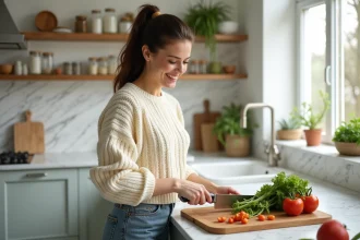 Femme souriante coupe des légumes dans une cuisine lumineuse