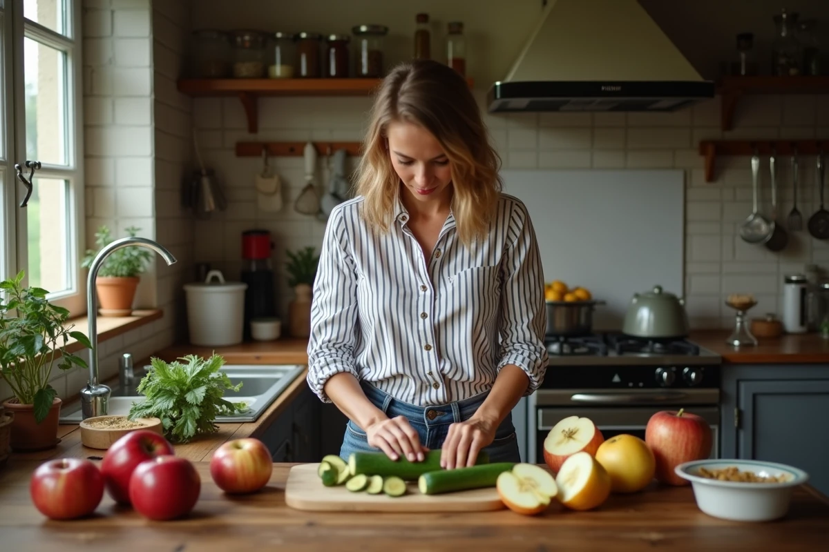 Femme française arrangeant des zucchinis et pommes sur un plan de travail rustique
