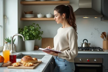 Femme réfléchissant à son alimentation dans la cuisine moderne