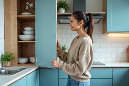 Femme ouvrant un placard de cuisine moderne et bien organisé