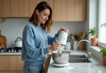 Robot pâtissier ou Thermomix : quel appareil choisir pour cuisiner ? Femme verser de la farine dans un robot de cuisine moderne