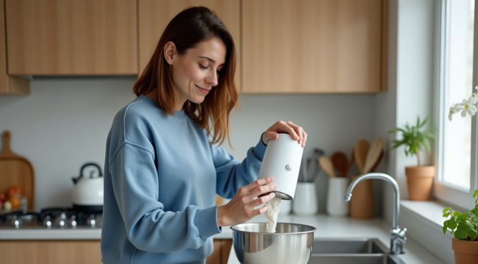 Femme verser de la farine dans un robot de cuisine moderne