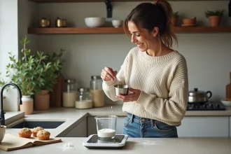Femme mesurant la farine dans la cuisine chaleureuse
