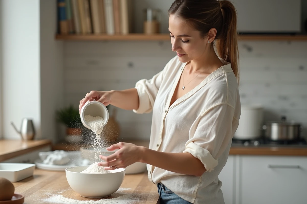 Femme versant de la farine dans un bol de cuisine moderne