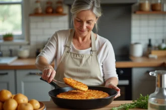 Femme en tablier cuisinant un rösti doré dans la cuisine
