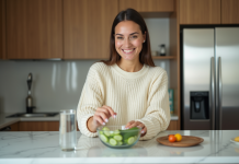 Femme souriante dans une cuisine moderne avec concombre frais