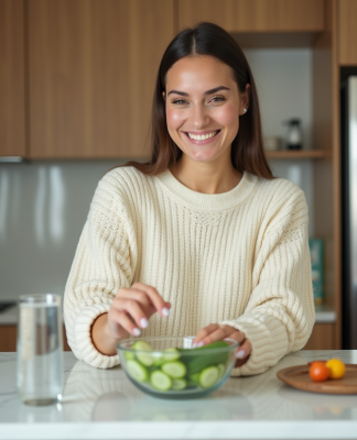 Femme souriante dans une cuisine moderne avec concombre frais