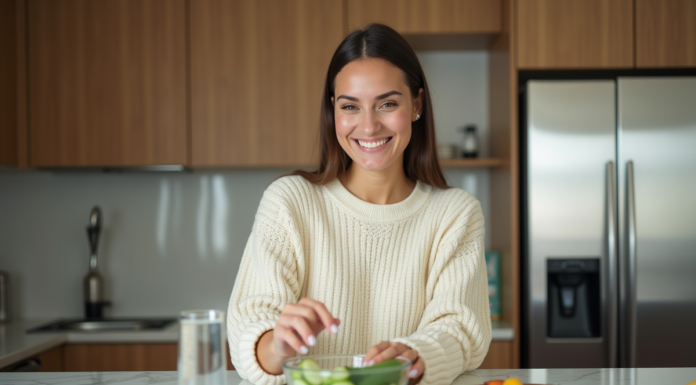 Femme souriante dans une cuisine moderne avec concombre frais