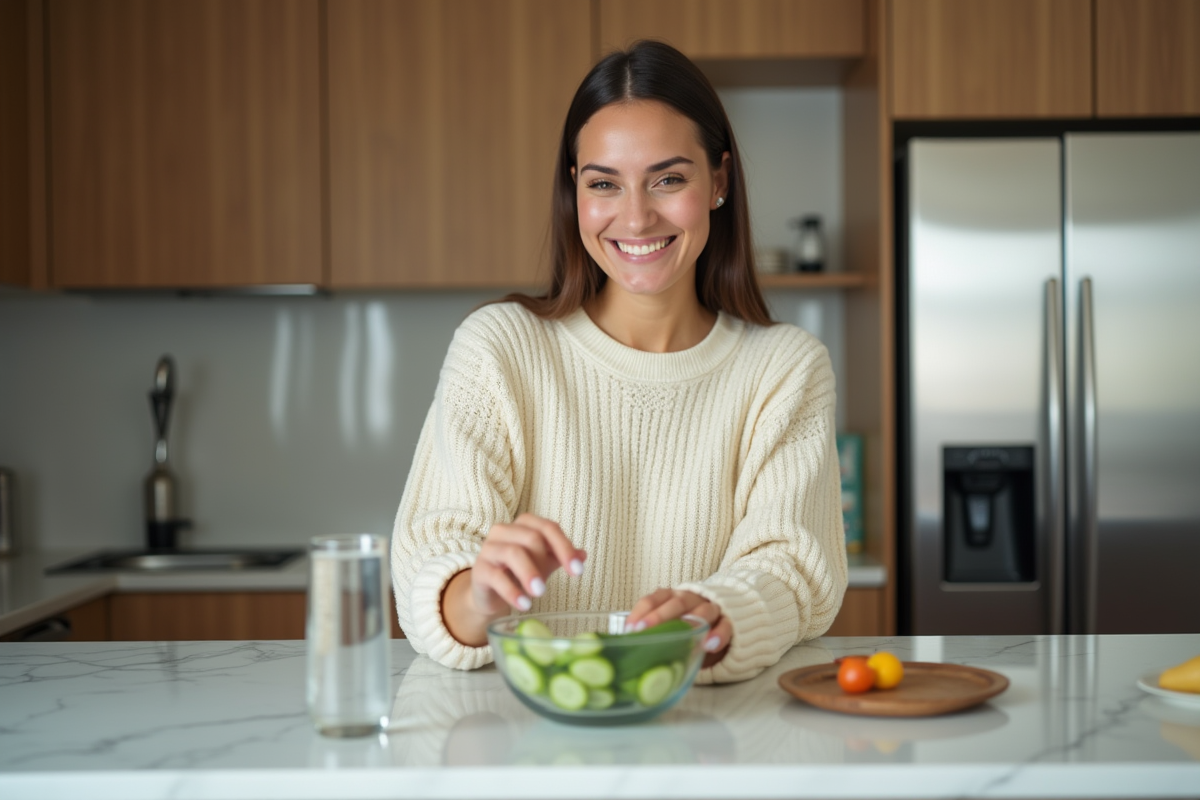 Femme souriante dans une cuisine moderne avec concombre frais