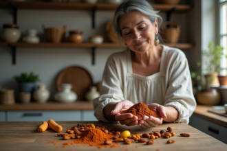 Femme modeste tenant des épices dans une cuisine chaleureuse