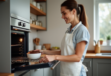 Faire fondre chocolat four vapeur : astuces et pratique culinaire Femme ouvrant un four vapeur pour vérifier le chocolat fondu