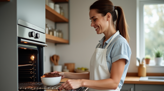 Femme ouvrant un four vapeur pour vérifier le chocolat fondu