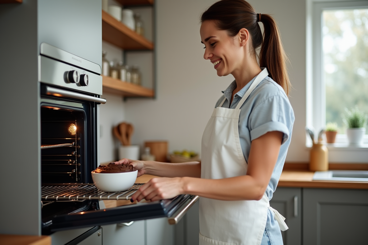 Femme ouvrant un four vapeur pour vérifier le chocolat fondu