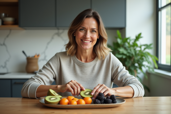 Femme dégustant des fruits riches en proteines dans une cuisine chaleureuse
