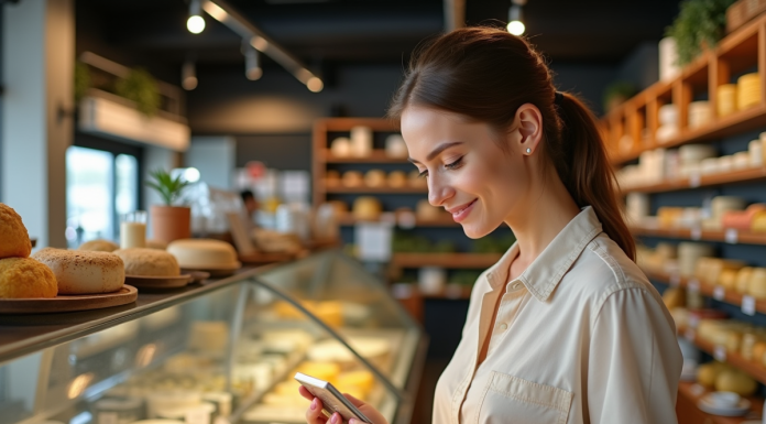 Jeune femme examine des fromages sans gluten en supermarche