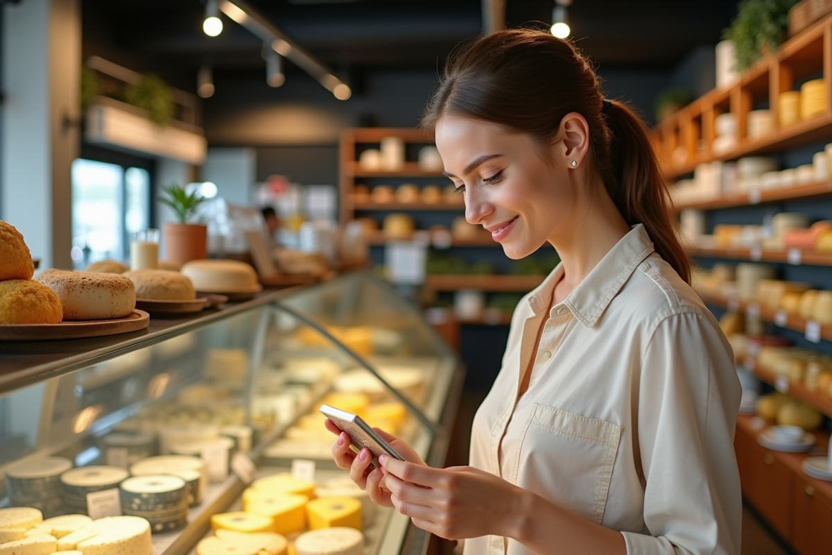 Jeune femme examine des fromages sans gluten en supermarche