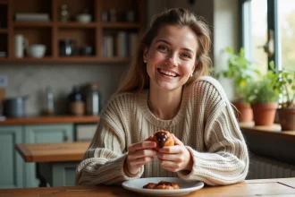 Jeune femme souriante dégustant un beignet à la banane