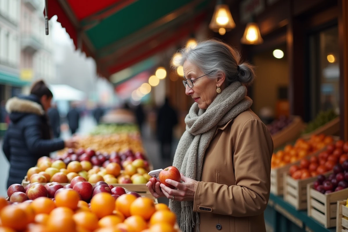Femme comparant les prix de pommes et oranges au marché