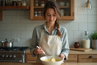 Femme fouettant mayonnaise maison dans la cuisine