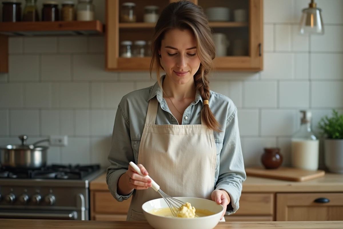 Femme fouettant mayonnaise maison dans la cuisine